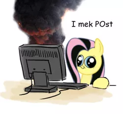 Size: 362x336 | Tagged: safe, artist:king-kakapo, artist:pureinsanity, derpibooru import, edit, fluttershy, pegasus, pony, :t, computer, derp, emoshy, female, hey you, i mek post, implied russian, keyboard, mare, meme, on fire, reaction image, simple background, smiling, smoke, white background