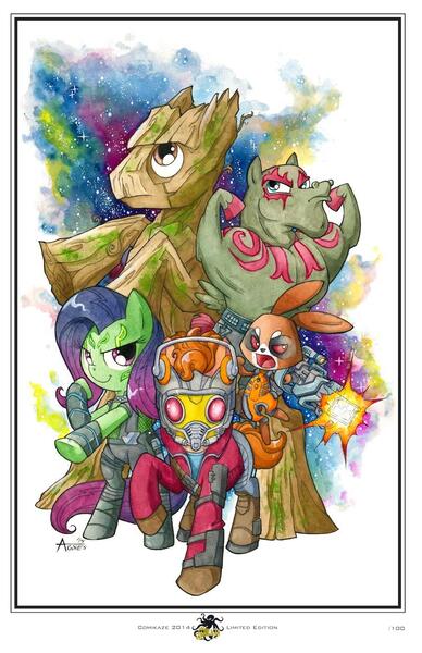 Size: 800x1236 | Tagged: angel bunny, artist:agnesgarbowska, bulk biceps, comikazie expo 2014, derpibooru import, drax the destroyer, fluttershy, gamora, groot, guardians of the galaxy, peter quill, rocket raccoon, safe, starlord
