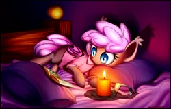 Size: 2587x1649 | Tagged: safe, artist:xn-d, derpibooru import, oc, oc:sirocca, unofficial characters only, bat pony, pony, bed, book, candle, reading, solo