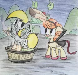 Size: 714x691 | Tagged: safe, artist:pelate, derpibooru import, carrot top, derpy hooves, golden harvest, pegasus, pony, luna eclipsed, apple bobbing, clothes, costume, cute, devil horns, devil tail, female, lip bite, mare, nightmare night, paper bag, paper bag wizard, scene interpretation, traditional art