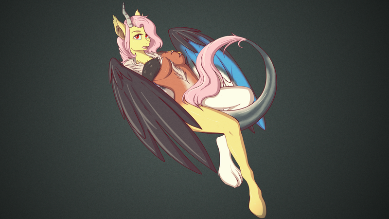 Size: 1920x1080 | Tagged: anthro, artist:kira-minami, breasts, covering, dark background, derpibooru import, draconequified, draconequus, edit, female, flutterequus, fluttershy, gradient background, gray background, green background, simple background, solo, species swap, suggestive, tail covering, wallpaper