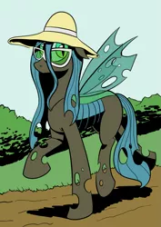 Size: 1169x1653 | Tagged: safe, artist:darkhestur, derpibooru import, queen chrysalis, hat, solo, sun hat, sunglasses