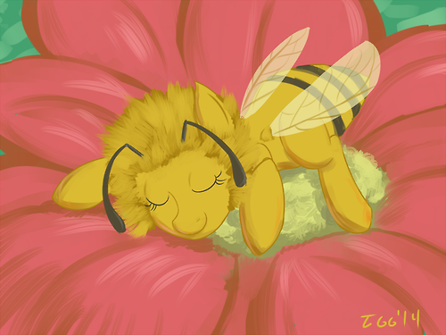 Size: 500x375 | Tagged: artist:tggeko, bee, bee pony, crossover, derpibooru import, flower, maya the bee, mlpgdraws, original species, ponified, safe, sleeping, solo