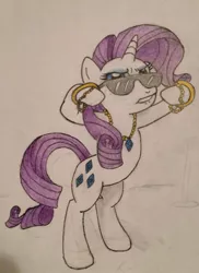 Size: 931x1280 | Tagged: safe, artist:darkghost127, derpibooru import, rarity, pony, bipedal, bling, gangsta, solo, sunglasses, traditional art