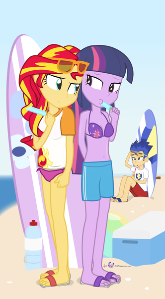 Size: 650x1175 | Tagged: suggestive, artist:dm29, derpibooru import, flash sentry, sunset shimmer, twilight sparkle, twilight sparkle (alicorn), equestria girls, beach, beach ball, bedroom eyes, belly button, bikini, breasts, clothes, cooler, feet, flip-flops, food, ice cream, midriff, popsicle, sandals, sea salt ice cream, surfboard, swimsuit, trio