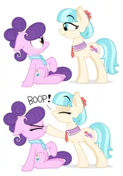 Size: 3482x5000 | Tagged: safe, artist:zutheskunk, derpibooru import, coco pommel, suri polomare, earth pony, pony, absurd resolution, boop, cocobetes, comic, cute, duo, duo female, eye contact, eyes closed, female, floppy ears, frown, glare, nose wrinkle, raised hoof, revenge, scrunchy face, smiling, smirk, smug, suribetes
