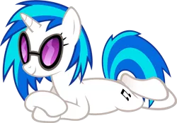 Size: 1434x997 | Tagged: safe, artist:zacatron94, derpibooru import, vinyl scratch, pony, unicorn, cutie mark, female, hooves, horn, lying down, mare, prone, simple background, smiling, solo, sunglasses, transparent background, vector