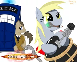 Size: 3000x2400 | Tagged: safe, artist:rockingquix, derpibooru import, derpy hooves, doctor whooves, time turner, pegasus, pony, artifact, crossover, dalek, doctor who, female, mare, sonic screwdriver, tardis