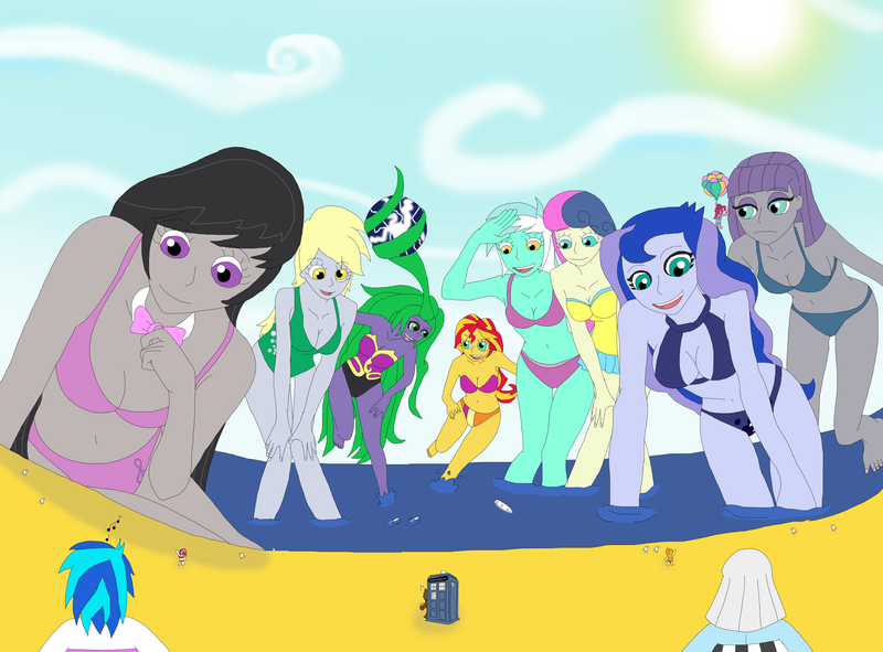 Size: 3108x2297 | Tagged: safe, artist:final7darkness, derpibooru import, bon bon, derpy hooves, doctor whooves, lyra heartstrings, mane-iac, maud pie, octavia melody, photo finish, pinkie pie, princess luna, sunset shimmer, sweetie drops, time turner, vinyl scratch, equestria girls, beach, belly button, big bon, bikini, clothes, electro orb, equestria girls-ified, giantess, macro, request, requested art, swimsuit, tardis, vice principal luna