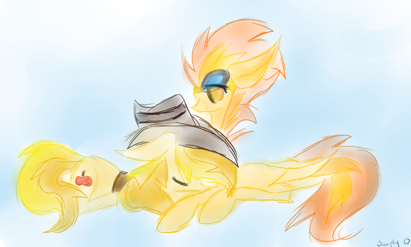 Size: 1024x614 | Tagged: safe, artist:swirlyquill, derpibooru import, braeburn, spitfire, female, male, shipping, spitburn, straight