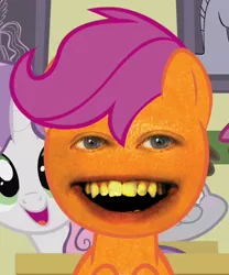 Size: 385x462 | Tagged: 1000 years in photoshop, annoying orange, cursed, cursed image, derpibooru import, safe, scootaloo, sweetie belle, uncanny valley, wat