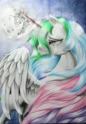 Size: 2986x4302 | Tagged: artist:ablm, crying, derpibooru import, mare in the moon, moon, princess celestia, sad, safe, solo, traditional art