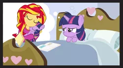 Size: 1050x584 | Tagged: safe, artist:dm29, derpibooru import, sunset shimmer, twilight sparkle, human, pony, unicorn, equestria girls, bed, cuddling, cute, filly, filly twilight sparkle, julian yeo is trying to murder us, meme, shimmerbetes, snuggling, twiabetes