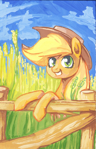 Size: 797x1231 | Tagged: applejack, artist:lexx2dot0, bipedal leaning, derpibooru import, fence, gouache, safe, smiling, solo, traditional art