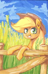 Size: 797x1231 | Tagged: applejack, artist:lexx2dot0, bipedal leaning, derpibooru import, fence, gouache, safe, smiling, solo, traditional art