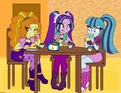 Size: 1024x785 | Tagged: safe, artist:queentigrel, derpibooru import, adagio dazzle, aria blaze, sonata dusk, equestria girls, rainbow rocks, :t, animal crackers, breakfast, butter, buttered toast, coffee, crackers, frown, sitting, smiling, sonataco, table, taco, the dazzlings, unamused, wide eyes