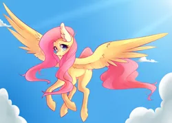 Size: 1933x1381 | Tagged: safe, artist:raponee, derpibooru import, fluttershy, pegasus, pony, cloud, crepuscular rays, ear fluff, female, flying, looking at you, mare, sky, solo, spread wings, wings