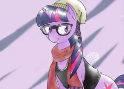 Size: 3500x2525 | Tagged: safe, artist:alui, artist:knight-alui, derpibooru import, twilight sparkle, cap, clothes, glasses, hat, scarf, solo