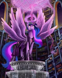 Size: 4795x6000 | Tagged: safe, artist:silfoe, derpibooru import, twilight sparkle, twilight sparkle (alicorn), alicorn, pony, seraph, seraphicorn, absurd resolution, apotheosis, armor, awesome, book, crown, element of magic, epic, ethereal mane, female, flowing mane, fountain, goddess, halo, library, magic, mare, mega evolution, multiple wings, night sky, older, runes, six wings, smiling, solo, spread wings, stars, symbols, text, this is my final form, totally legit season 5 spoilers, ultimate twilight, wings