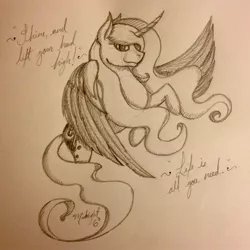 Size: 1278x1280 | Tagged: safe, artist:midnightsix3, derpibooru import, princess luna, pony, lunadoodle, bipedal, looking at you, monochrome, pencil drawing, quote, sketch, smiling, solo, spread wings, traditional art