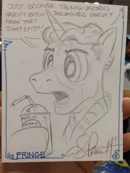 Size: 768x1024 | Tagged: safe, artist:andypriceart, derpibooru import, pony, unicorn, 7-eleven, cup, drink, fringe, massive dynamic, monochrome, sketch, slurpee, slushie, solo, straw, traditional art, walter bishop