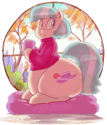 Size: 629x734 | Tagged: animated, artist:secretgoombaman12345, autumn, clothes, coco pommel, coco pudge, derpibooru import, fat, fatty autumn art pony pack, hot chocolate, obese, safe, solo, sweater