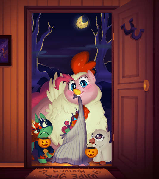 Size: 4000x4497 | Tagged: safe, artist:mellowhen, derpibooru import, pinkie pie, steven magnet, chicken, ghost, pony, unicorn, animal costume, bedsheet ghost, candy, chicken pie, chicken suit, chubby, chubby cheeks, clothes, colt, costume, door, doormat, fat, fatty autumn art pony pack, filly, framed picture, halloween, moon, mouth hold, nightmare night, picture, piggy pie, pudgy pie, pumpkin bucket, smiling, smugdash, tree, trick or treat, wrestler