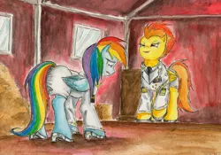 Size: 2112x1475 | Tagged: safe, artist:souleatersaku90, derpibooru import, rainbow dash, spitfire, fanfic, clothes, crying, fanfic art, high heels, humiliation, smirk, the simple life, uniform