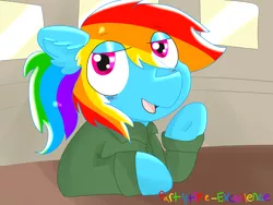Size: 4000x3000 | Tagged: dead source, safe, artist:partytime-excellence, derpibooru import, rainbow dash, pegasus, pony, clothes, ear fluff, female, lidded eyes, looking at you, mare, shirt, signature, solo