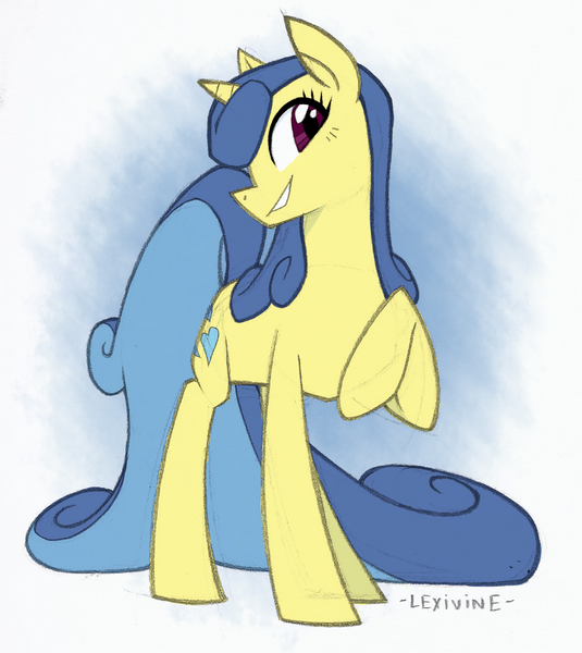 Size: 920x1031 | Tagged: safe, artist:lexivine, derpibooru import, lemon hearts, cute, grin, raised hoof, smiling, solo