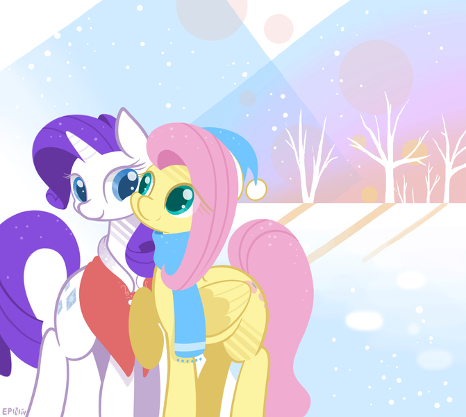 Size: 3000x2682 | Tagged: safe, artist:b-epon, derpibooru import, fluttershy, rarity, clothes, cuddling, cute, daaaaaaaaaaaw, female, flarity, lesbian, scarf, shipping, snow, snowfall, snuggling, winter jacket