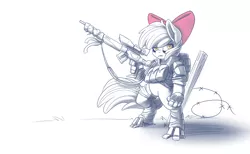 Size: 1172x720 | Tagged: safe, artist:pusspuss, derpibooru import, apple bloom, anthro, cyborg, earth pony, unguligrade anthro, fanfic, fanfic:night mares, bandage, bipedal, fanfic art, female, gun, hooves, image, no trigger discipline, optical sight, png, rifle, scope, simple background, sniper rifle, solo, weapon, white background
