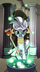 Size: 300x540 | Tagged: artist:kairean, cauldron, safe, solo, staff, tarot card, the high priestess, zebra, zecora