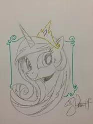 Size: 991x1322 | Tagged: safe, artist:andypriceart, derpibooru import, princess celestia, monochrome, portrait, sketch, smiling, solo, traditional art