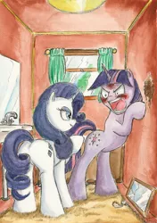 Size: 1634x2318 | Tagged: safe, artist:souleatersaku90, derpibooru import, rarity, twilight sparkle, fanfic, angry, bathroom, commission, context is for the weak, fanfic art, mirror, the simple life, traditional art, watercolor painting, window