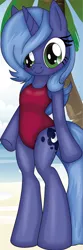 Size: 300x900 | Tagged: artist:ratachu666, beach, clothes, cute, derpibooru import, filly, one-piece swimsuit, princess luna, safe, semi-anthro, swimsuit, woona, younger