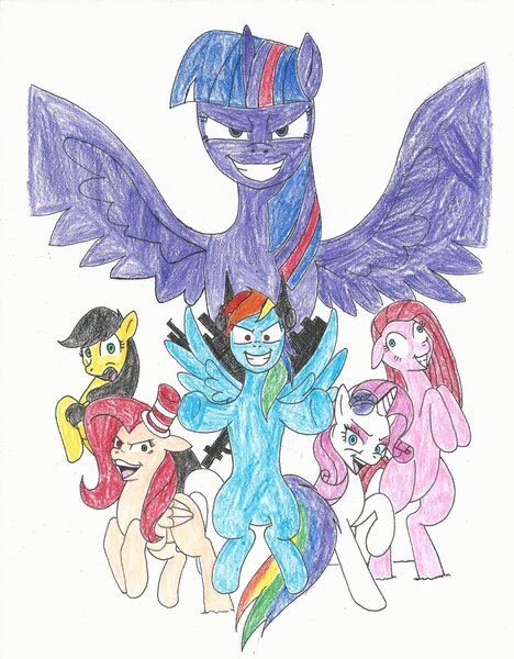 Size: 1024x1314 | Tagged: safe, artist:steveanime, derpibooru import, applejack, fluttershy, pinkie pie, rainbow dash, rarity, twilight sparkle, twilight sparkle (alicorn), alicorn, pony, elements of insanity, brutalight sparcake, demented six, female, fluttershout, halloween, mane six, mare, palette swap, pinkamena diane pie, pinkis cupcake, rainbine, rarifruit, traditional art