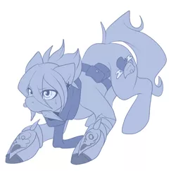 Size: 900x872 | Tagged: safe, artist:napalm, derpibooru import, oc, oc:little cricket, unofficial characters only, earth pony, pony, gauntlet, kunai, monochrome, ninja, saddle bag, sweat