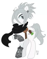 Size: 825x1024 | Tagged: safe, artist:umbraldissonance, derpibooru import, oc, oc:little cricket, unofficial characters only, earth pony, pony, clothes, earring, gauntlet, kunai, ninja, saddle bag, scarf, solo