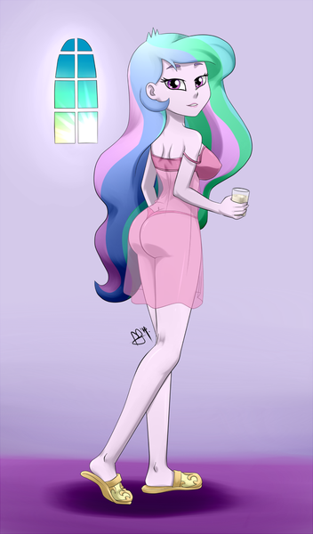 Size: 700x1194 | Tagged: suggestive, artist:pia-sama, derpibooru import, princess celestia, equestria girls, ass, bra, breasts, busty princess celestia, butt, clothes, female, glass, lingerie, looking at you, looking back, looking back at you, negligee, pajamas, panties, pink underwear, praise the sun, principal celestia, principal sunbutt, slippers, solo, solo female, sun, sunbutt, thong, underwear