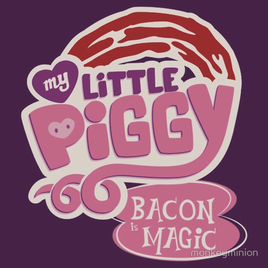 Size: 550x550 | Tagged: artist:monkeyminion, bacon, clothes, edit, g4, logo, logo edit, my little x, parody, pig, redbubble, safe, shirt, text