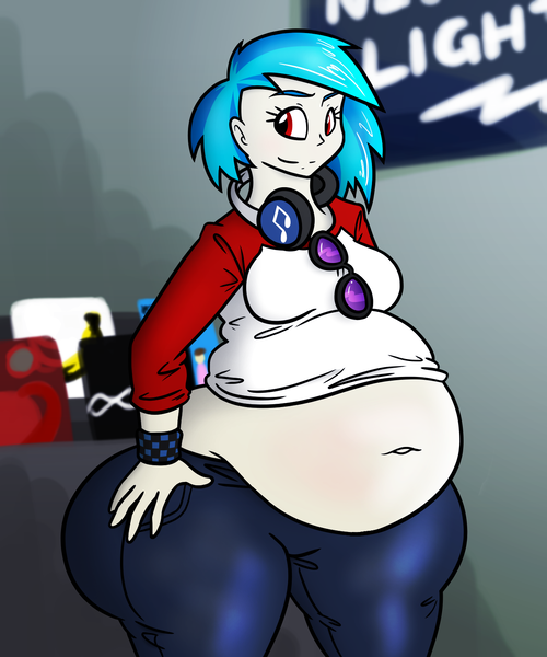 Size: 1250x1500 | Tagged: artist:bigponiesinc, ass, bbw, belly button, big belly, derpibooru import, fat, hand on hip, huge butt, human, humanized, large butt, midriff, muffin top, music, obese, pony coloring, safe, smirk, solo, sunglasses, thunder thighs, vinyl fat, vinyl scratch, wide hips