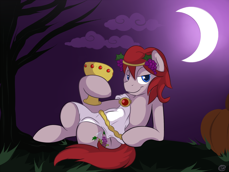 Size: 1280x960 | Tagged: questionable, artist:meggchan, derpibooru import, oc, unofficial characters only, pony, bacchus, bedroom eyes, clothes, costume, crescent moon, crotch bulge, dionysus, goblet, grapes, halloween, male, moon, on back, outdoors, pumpkin, smiling, solo, solo male, toga