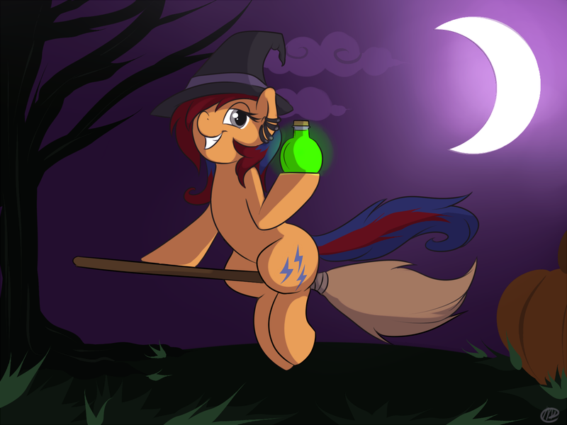 Size: 1500x1125 | Tagged: artist:meggchan, broom, cloud, crescent moon, dead tree, derpibooru import, flying, flying broomstick, hair over one eye, halloween, hat, lidded eyes, looking at you, moon, night, oc, oc:sweet voltage, potion, pumpkin, safe, sitting, smiling, solo, tree, unofficial characters only, witch hat