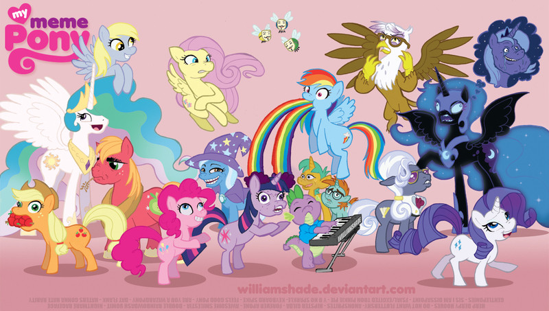 Size: 1200x679 | Tagged: safe, artist:williamshade, derpibooru import, applejack, big macintosh, derpy hooves, fluttershy, gilda, hoity toity, nightmare moon, pinkie pie, princess celestia, princess luna, rainbow dash, rarity, snails, snips, spike, trixie, twilight sparkle, alicorn, dragon, earth pony, gryphon, parasprite, pegasus, pony, unicorn, season 1, anonymous, apple, are you a wizard, awesome face, dat butt, do not want, double rainbow, feels good man, forever alone, fsjal, gentlemen, glasses, guy fawkes mask, haters gonna hate, herp derp, hipster, keyboard, keyboard cat, mane seven, mane six, meme, puking rainbows, rage face, son i am disappoint, that pony sure does love apples, trollface, vomit, y u no