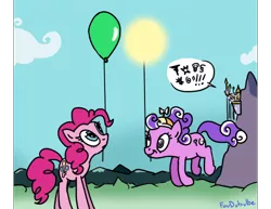 Size: 500x385 | Tagged: artist:foudubulbe, balloon, canterlot, derpibooru import, forced perspective, grawlixes, hat, implied princess celestia, pinkie pie, propeller hat, safe, screwball, sun, swearing, swirly eyes, tangible heavenly object