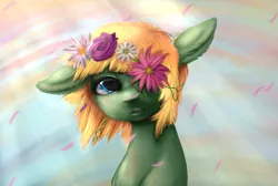 Size: 1047x704 | Tagged: artist:colorlesscupcake, color porn, derpibooru import, floppy ears, floral head wreath, oc, portrait, safe, solo, surreal, unofficial characters only, windswept mane