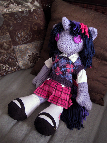 Size: 800x1066 | Tagged: safe, artist:sbuzzard, derpibooru import, twilight sparkle, anthro, equestria girls, amigurumi, anthro plushie, clothes, crochet, irl, photo, plushie, shoes, skirt, socks, solo, sweater