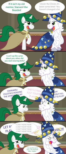 Size: 979x2268 | Tagged: artist:t-3000, bells, cewestia, clover the clever, comic, cute, derpibooru import, filly, offscreen character, princess celestia, princess luna, safe, star swirl the bearded, woona