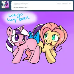Size: 647x650 | Tagged: safe, artist:lustrous-dreams, derpibooru import, posey, twilight sparkle, earth pony, pony, unicorn, ask original twilight, ask, bow, butt bump, butt to butt, butt touch, dialogue, duo, g1, looking at each other, open mouth, smiling, tail bow, tumblr